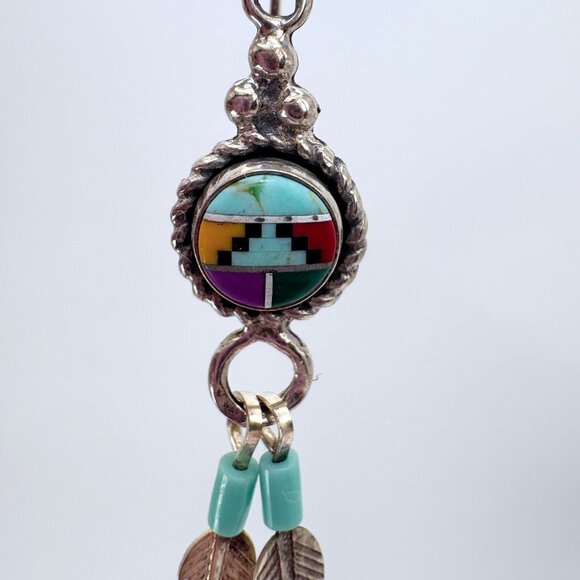 Sterling Silver 925 Zuni Turquoise Coral Inlay Feather Dangle Earrings 2" Length - Picture 6 of 8